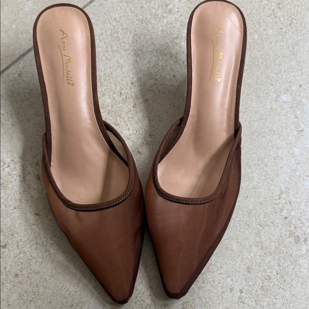 Anne Michelle Brown Pointed Toe Slip-On Mule Heels